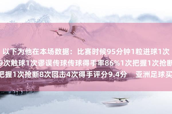 以下为他在本场数据：比赛时候95分钟1粒进球1次助攻4次射门2次射正59次触球1次谬误传球传球得手率86%1次把握1次抢断8次回击4次得手评分9.4分    亚洲足球买球站体育信息
